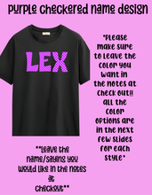 Load image into Gallery viewer, Purple checkered name tee design